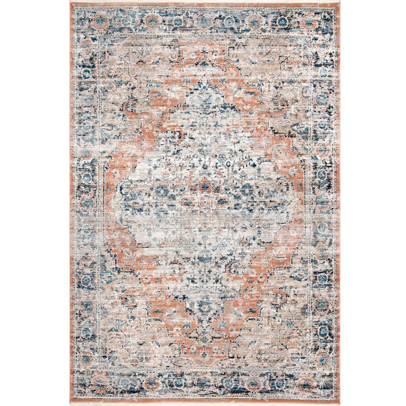 Casarez Oriental Power Loom Performance Beige/Blue Rug, Rectangle 3' x 5' 2"