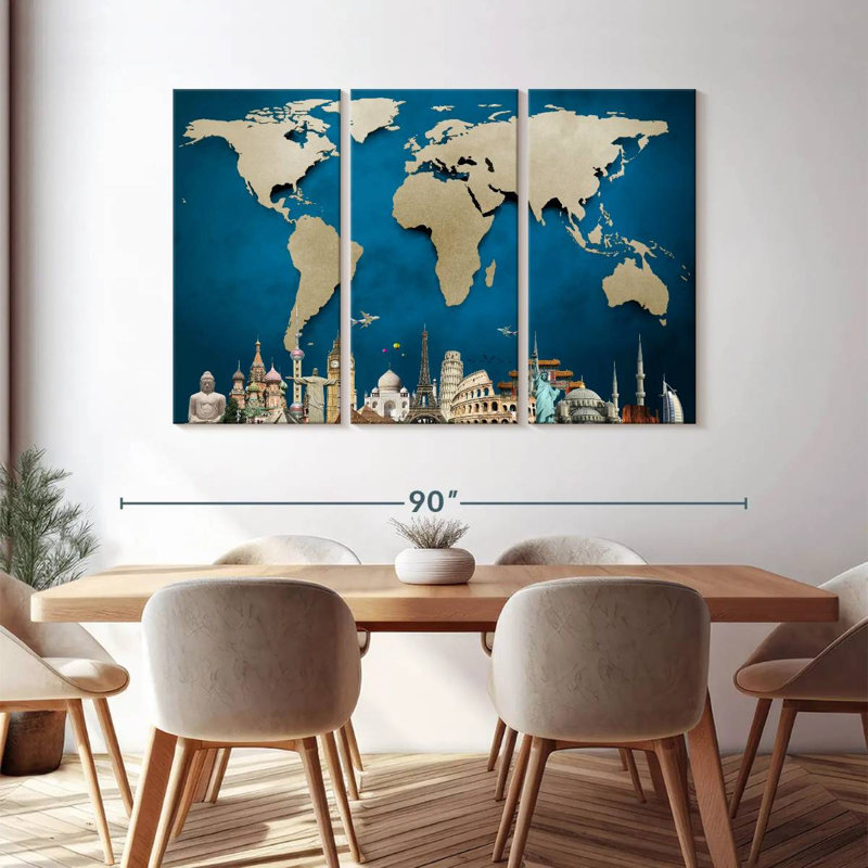Carte du monde océan bleu 3 pièces, H 48 po x l 74 po x P 1,25 po