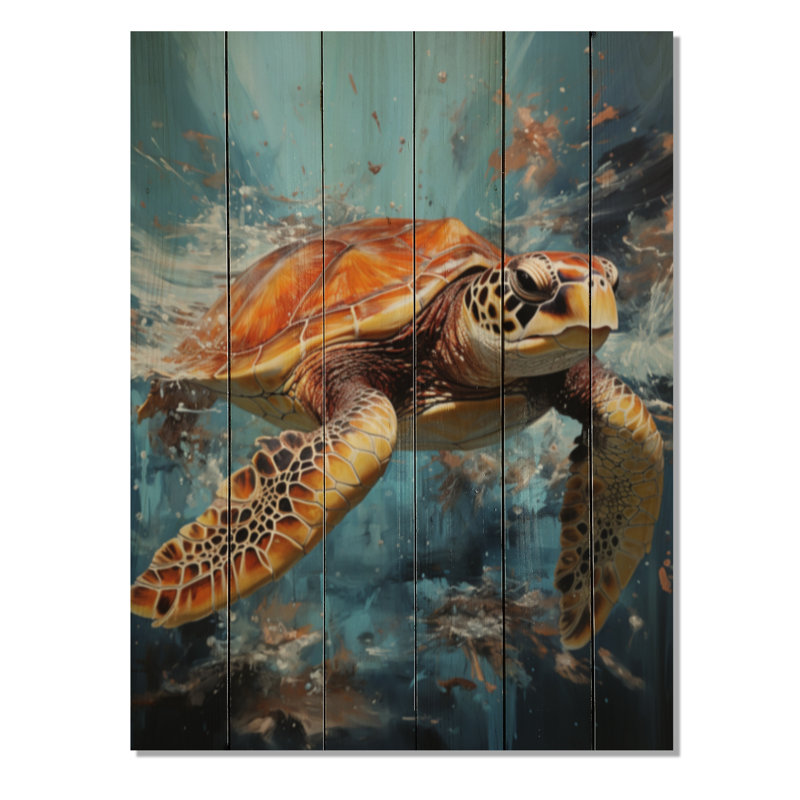 Tortue turquoise dans un océan II sur bois, H 40 po x l 30 po x P 0,78 po