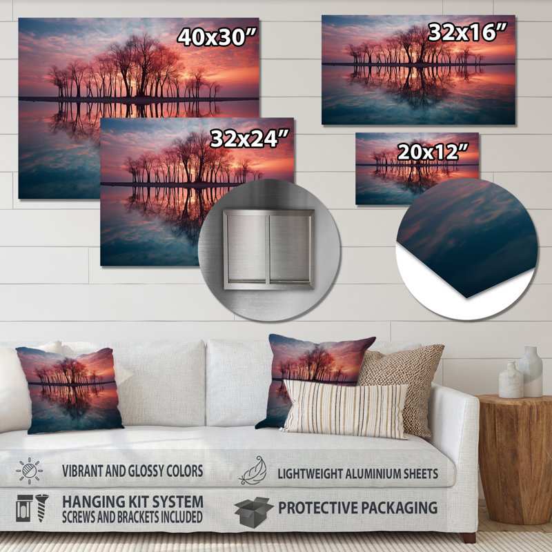 Arbre, silhouette, reflets, soirée, lac, coucher de soleil, art mural, Sans cadre, métal, H 30 po x l 40 po