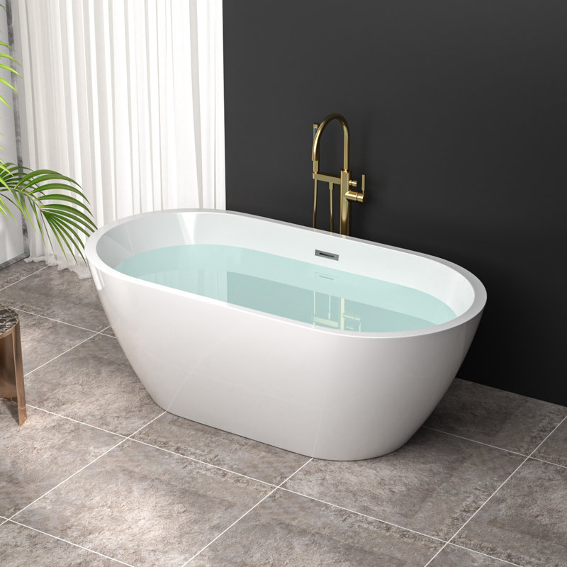 59" x 29.5" Freestanding Soaking Acrylic Bathtub with Overflow and Drain and Overflow
