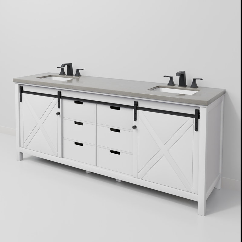 Ensemble de meuble-lavabo double avec robinet l 80 po x P 22 po Marsyas, Blanc, Quartz gris
