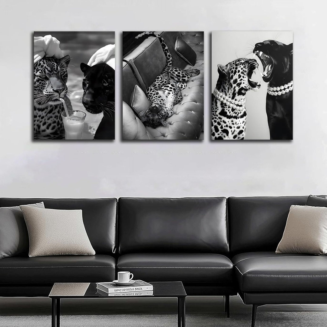 Black And White Cheetah Canvas Wall Art Fashion Cheetah Drinking Cocktail Vintage Trendy Wild Leopard Painting Picture Wall Decor For Apartment Poster