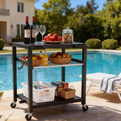 Table de four à pizza extérieure 30 po x 24 po, chariot de préparation en acier inoxydable avec roulettes, chariot de barbecue à 3 niveaux pour barbecue et cuisine extérieure