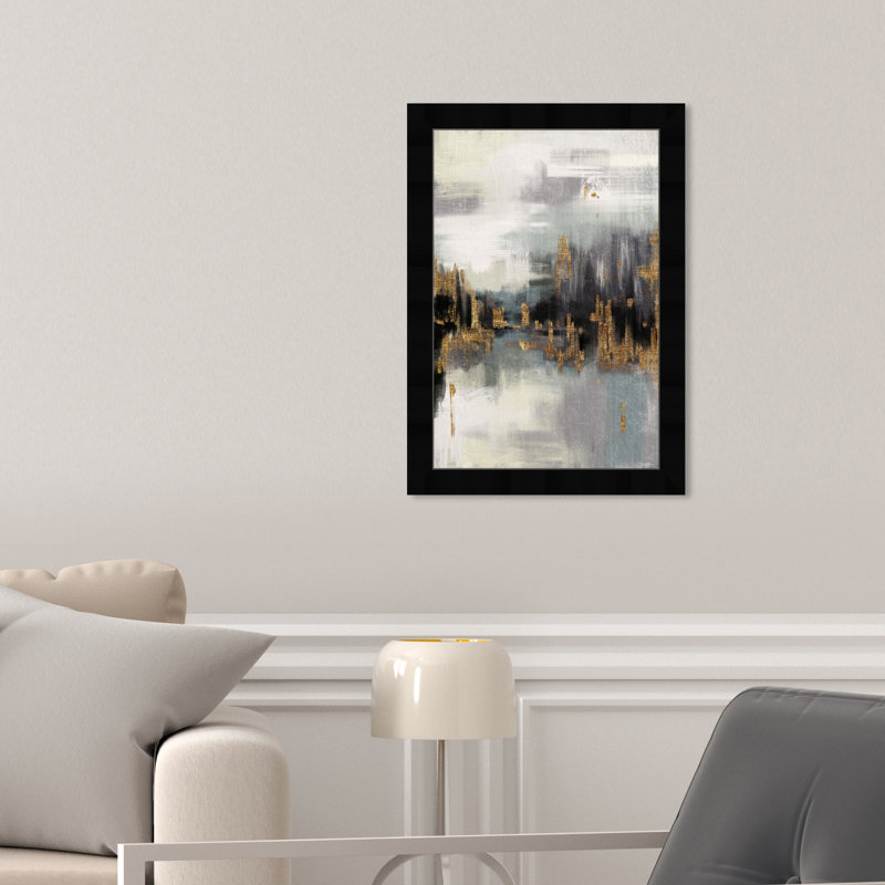 Montagnes abstraites - Peinture encadrée sur papier, Cadre noir, H 17 po x l 12 po