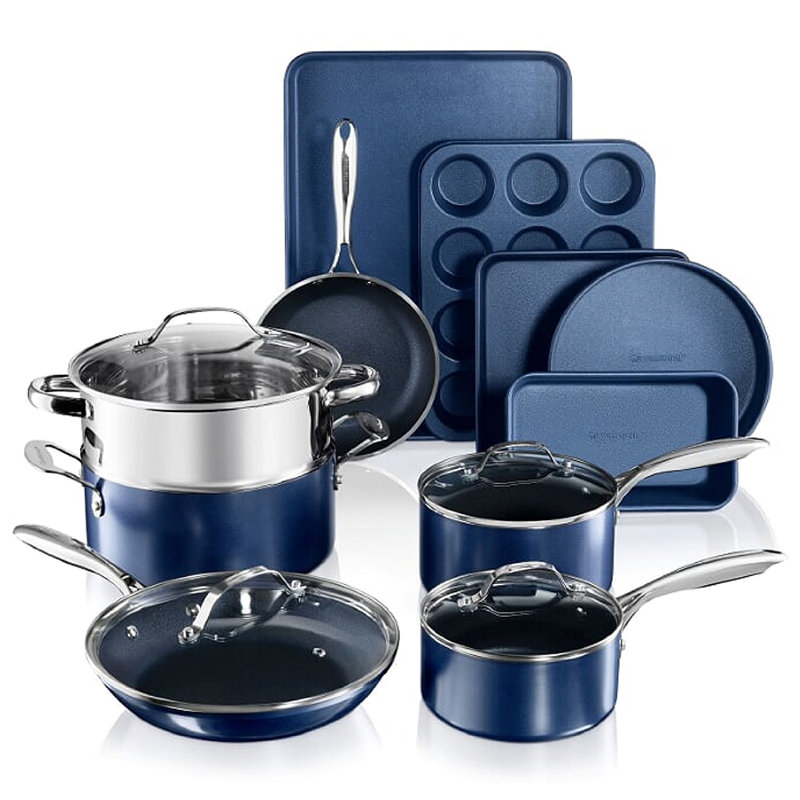 Ensemble de batterie de cuisine antiadhésive 15 pièces Granitestone Blue, allant au four et au lave-vaisselle