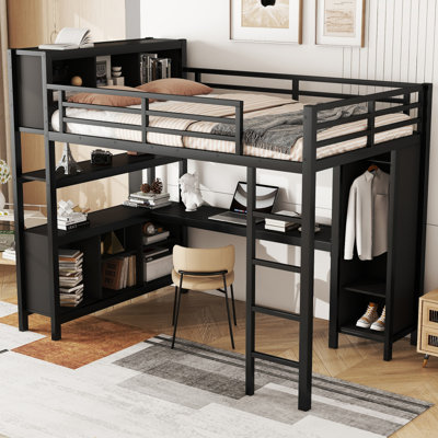Lit mezzanine en métal avec garde-robe et bureau en forme de L, lit mezzanine double avec cubes de rangement et tablettes, lit mezzanine robuste pour enfants, adolescents, adultes, noir
