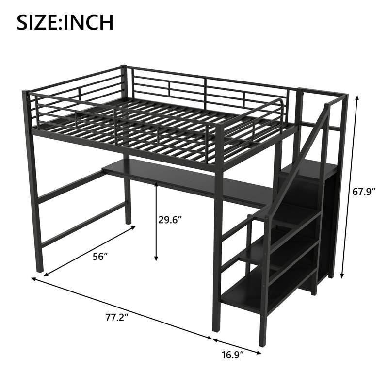 Full Size Metal Loft Bed with Desk, Storage Staircase, Wardrobe & LED Light for Bedroom,Black, Black
