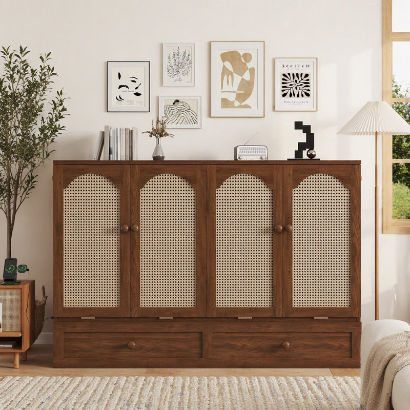 Grand lit escamotable, armoire-lit en bois de pin avec centrale électrique et panneau de décoration en rotin, Noyer