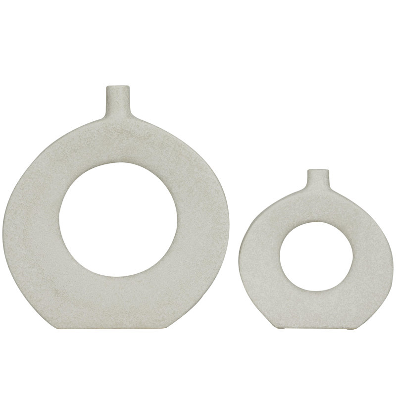 Ceramic Round Donut Shaped Decorative Vase Set, 15.5" H x 14.4" W x 3.2" D, White