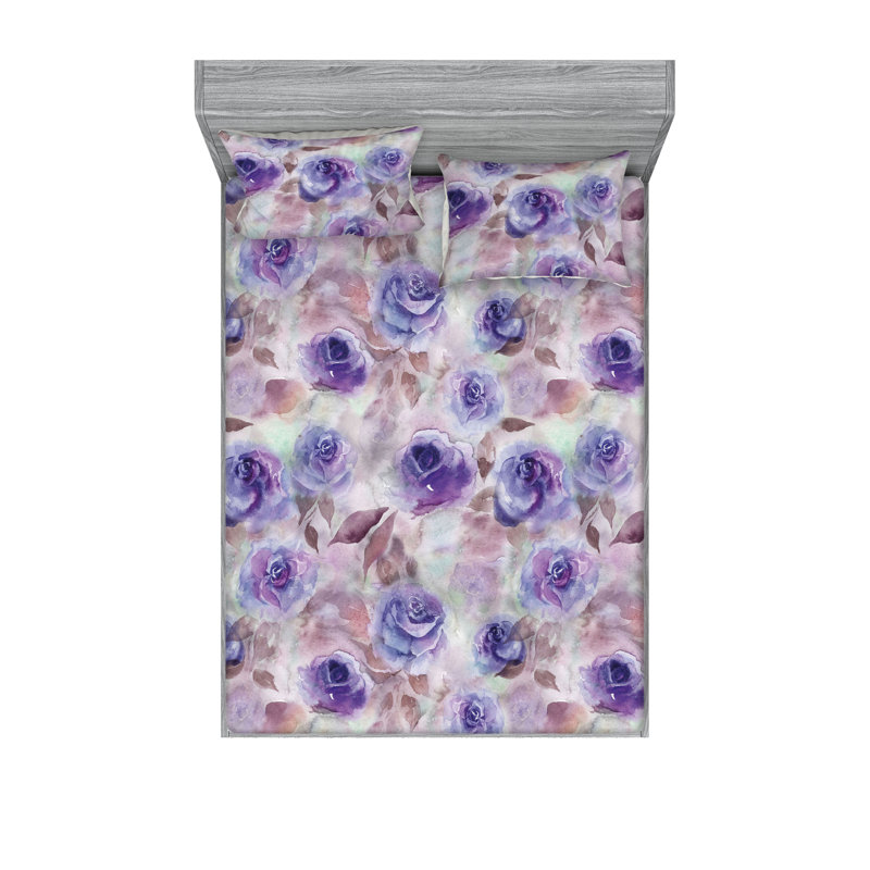 Drap-housse et taies décoratives 3 pièces Ambesonne, Violet et taupe chaud / motif floral mauve