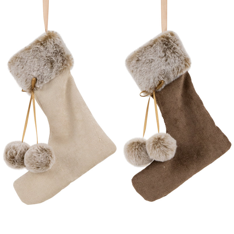 Beige and Brown Faux Fur Stocking Ornaments Set of 2