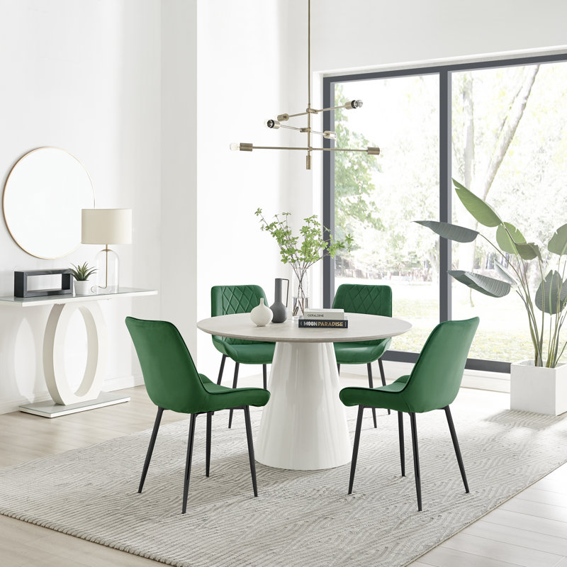 Edzard Statement 4 Person Round Dining Table Set in Luxury Stone Effect - Velvet Dining Chairs, Green/Black