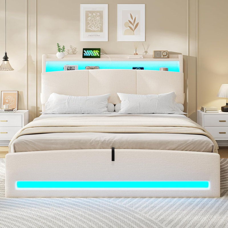 Bed with Hydraulic Storage and Charging Station Upholstered Storage Headboard, Space-saving, Beige, Kingsize (5')
