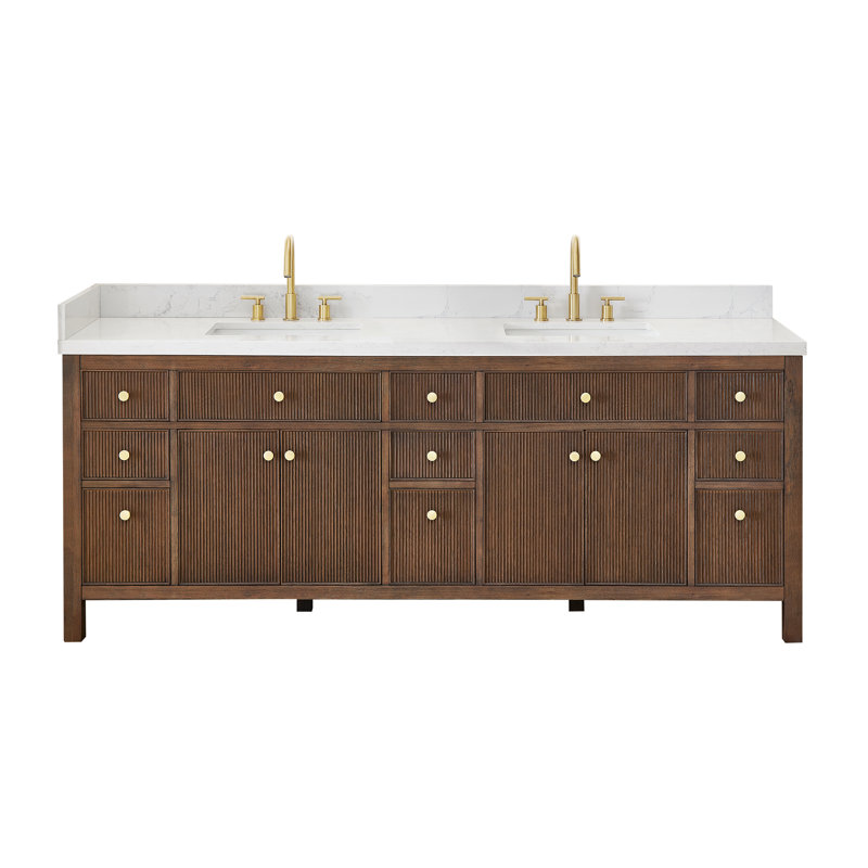 Lala 84" Double Bathroom Vanity with Grain White Engineered Stone Countertop without Mirror, Brown Brushed Oak