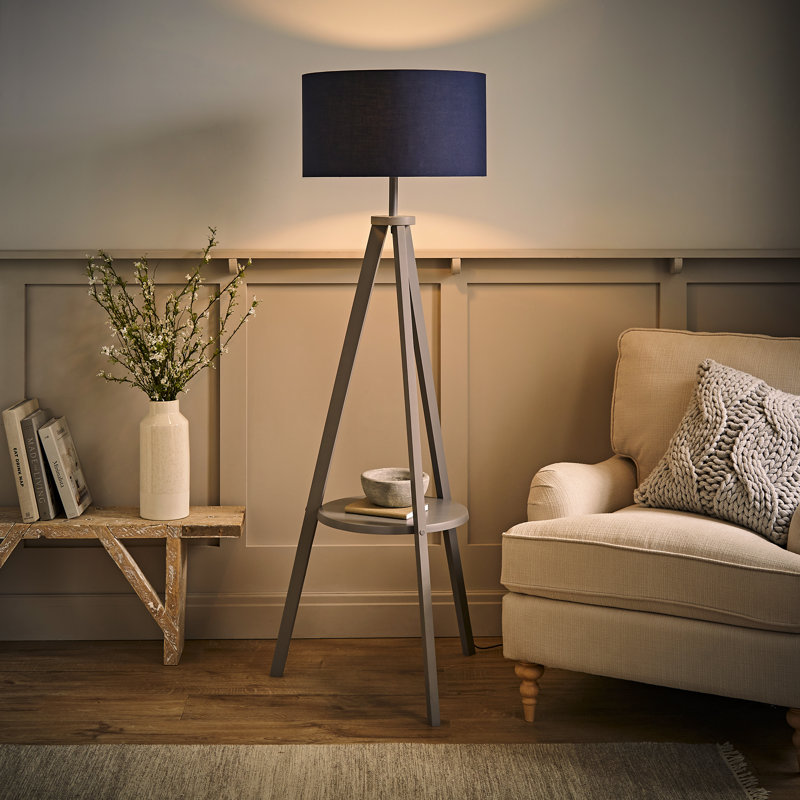 Ismay 149 cm Morrigan Wood Tripod Floor Lamp with Shelf & XL Reni Shade, No, Navy Blue, Grey