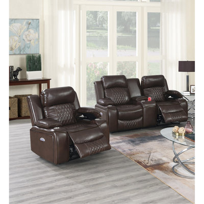 Fauteuil inclinable électrique brun 2 pièces avec dossier rembourré, accoudoirs rembourrés et console porte-gobelet - Meubles de style contemporain : Chargeur pour fauteuil inclinable