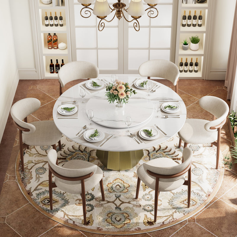 Modern 59" Round Dining Table with Lazy Susan for 6-8, White Glossy Sintered Stone Table top, Kitchen Table with Bronze Diamond Shaped Stainless Steel Base