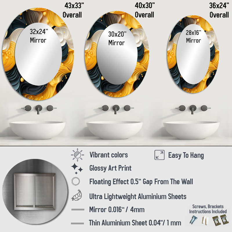 Décoration miroir jaune et noir Mid-Century Waves Fusion - jaune ovale, H 36 po x l 24 po