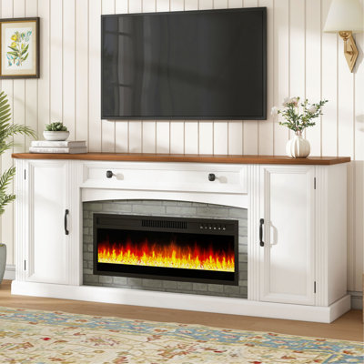 Meuble télé chauffant avec foyer électrique pour téléviseur de 70 po ou moins, console de style campagne avec gestion des câbles, meuble télé en noyer avec tiroir et tablettes réglables pour le salon