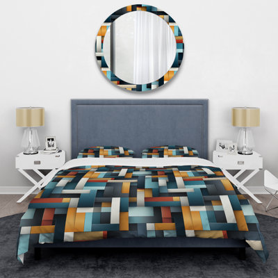 Teal Metropolitan Geometric Illusions Polyester Box Stitch Geometric Shapes Duvet Cover Set