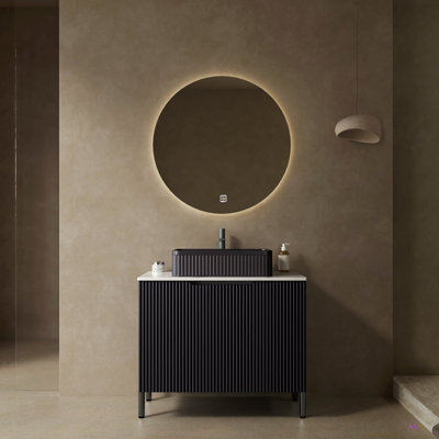 Meuble-lavabo autoportant de 30 po avec 2 portes, lavabo en céramique noir et comptoir blanc Carrara