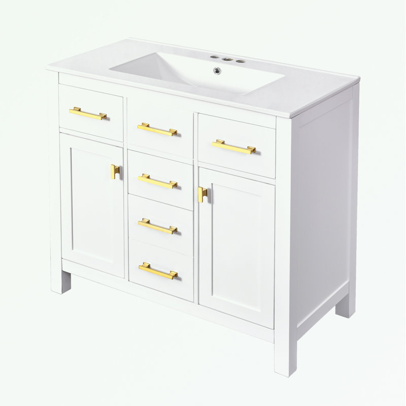 Meuble-lavabo Bathroon avec lavabo en céramique, 4 tiroirs et 2 armoires, Blanc