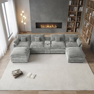 145" U Shaped Cloud Couch Sectional, Oversized Corduroy Cloud Couch, Large Comfy Fluffy Modular Sectional Sofa, 6 Seat Sectionals Sofa Set with Centra
