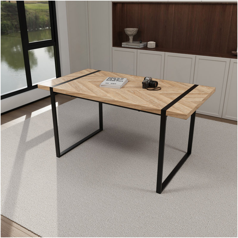 59 " Dining Table Modern Industrial Rectangular MDF Light Wood , 4-6 People, 1.5" Thick Engineering Wood Tabletop And Black Rectangular Metal Legs, Used For Home & Kitchen