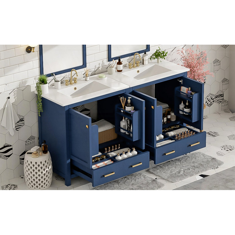 Ensemble de meuble-lavabo double 60 po, Bleu, Or