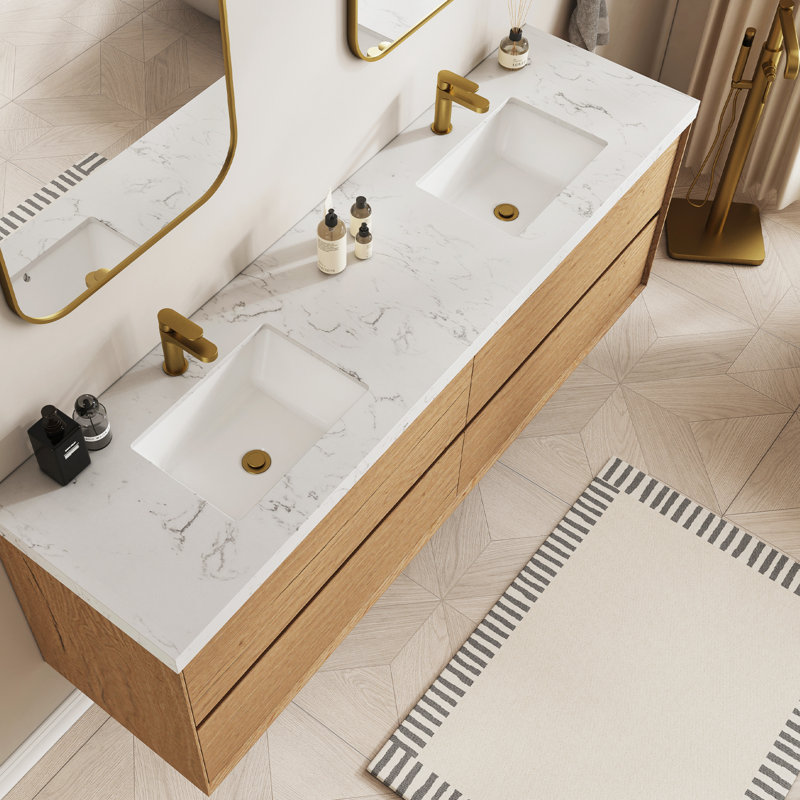 Pre-Assembled Wall Mounted Floating Bathroom Vanity In Natural Oak, Double Sinks With Engineered Marble Top, 72"