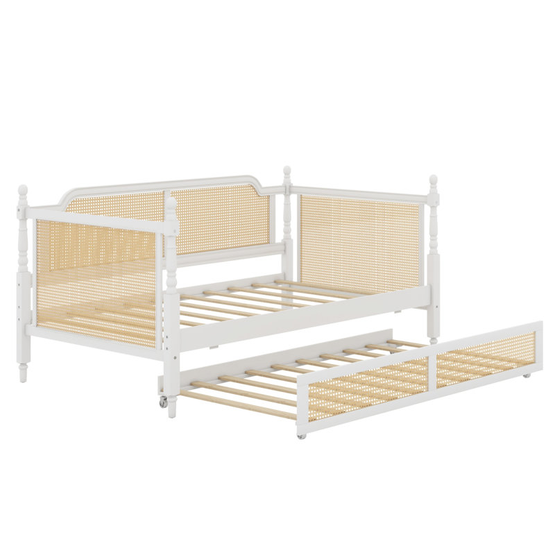 Vintage Traditional Rattan Daybed with Pull Out Trundle, Antique White