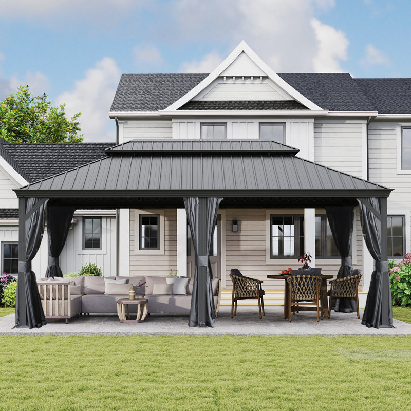18 Ft. W x 12 Ft. D Galvanized Steel Patio Gazebo with Double Roof, Gray