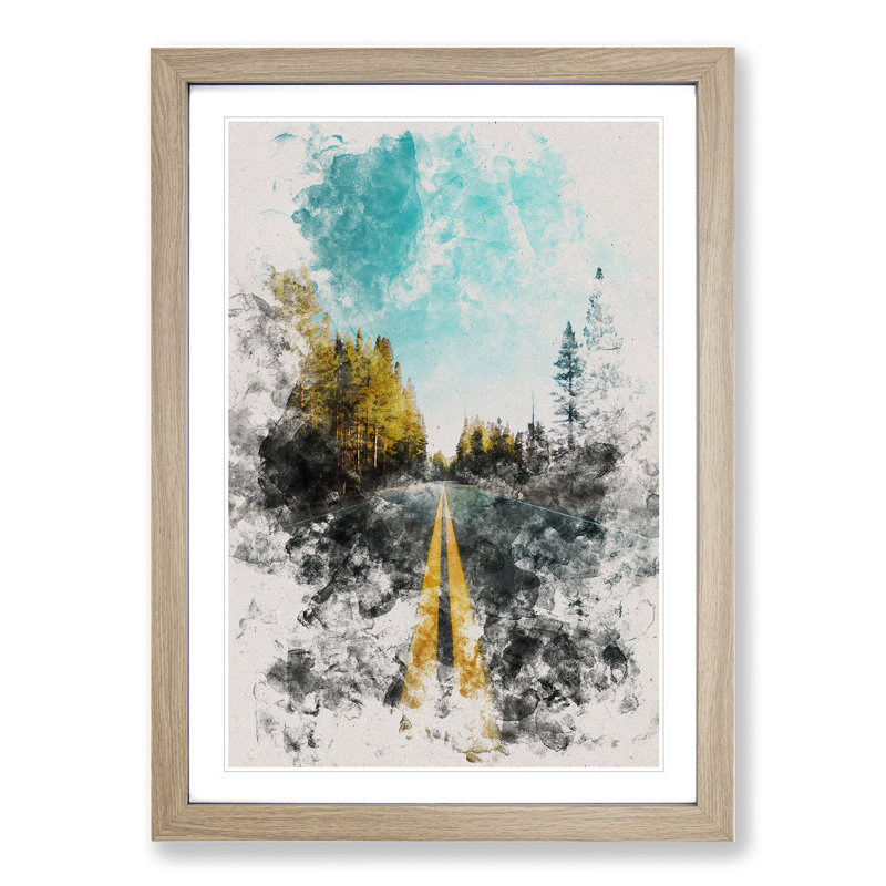 Road Through Yosemite National Park Watercolour - Picture Frame Graphic Art, 48cm H x 36cm W x 2cm D, Oak Framed