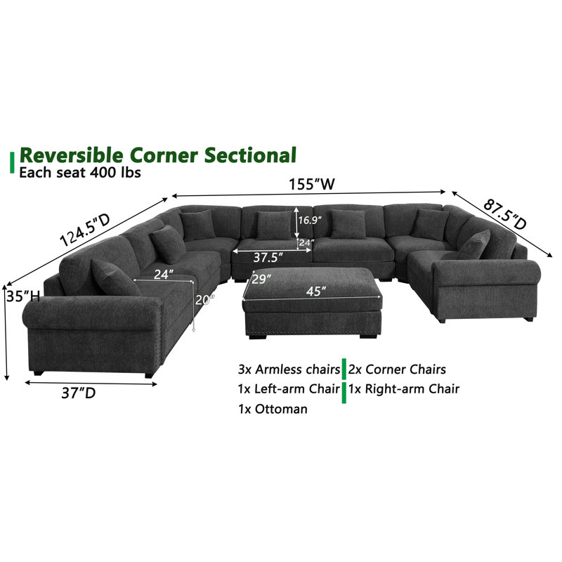 Errett Modern Fabric Reversible 8 Seater Corner Sectional With Movable Ottoman, Dark Gray Polyester