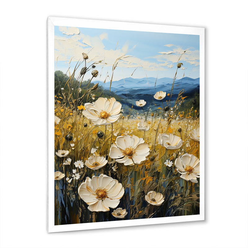 Buttercups Flowers Mountain Landscape sur toile, Cadre simple blanc, H 32 po x l 24 po x P 1 po