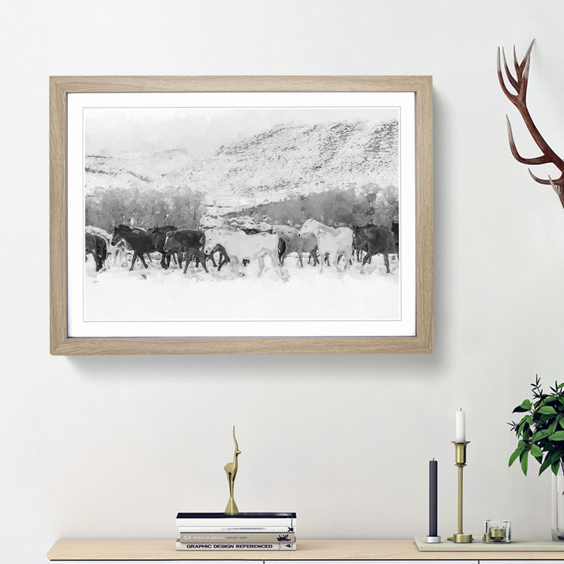 Herd of Horses in Abstract - Picture Frame Graphic Art Print, 62cm H x 87cm W x 2cm D, Oak Framed