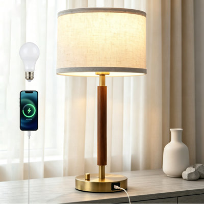 Lampe de table 21 pouces en bois massif de noyer (1 unité), base en métal, abat-jour en lin, 3 températures de couleur, prise secteur intégrée, ports de chargement USB-A et USB-C