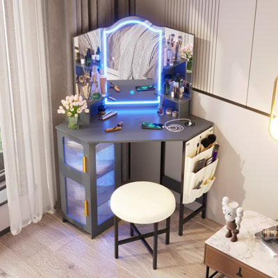 Dressing Table with Motion Sensor 3-colour lighting, Charging Socket and Stool