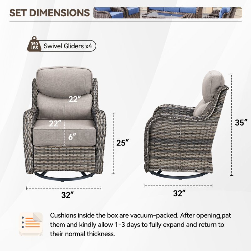 Chaise de patio pivotante en osier 4 pièces avec coussins de 6 po Smilario, Beige, Gris