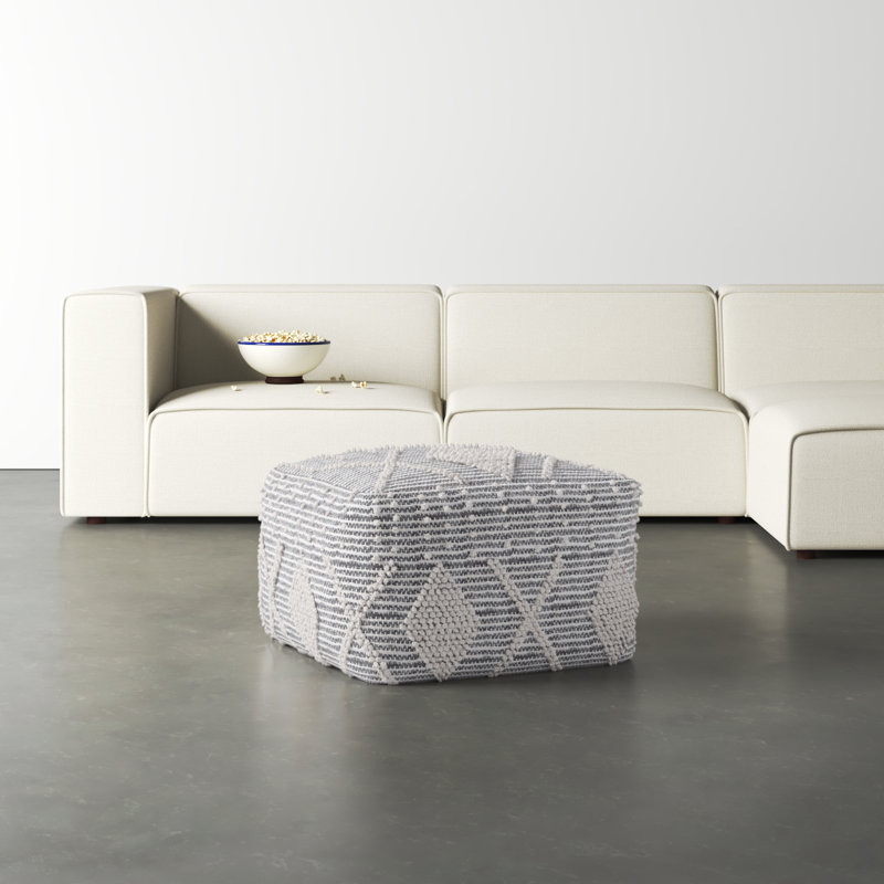 Simon Upholstered Pouf, 16.5" H x 26" W x 26" D, Ivory/Gray