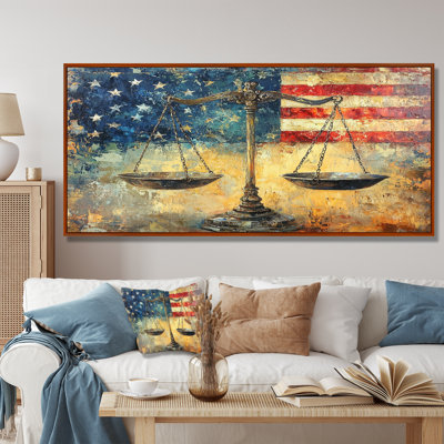 Balance symbolique de la justice, équilibre avec le drapeau des États-Unis I - art mural patriotiste des États-Unis
