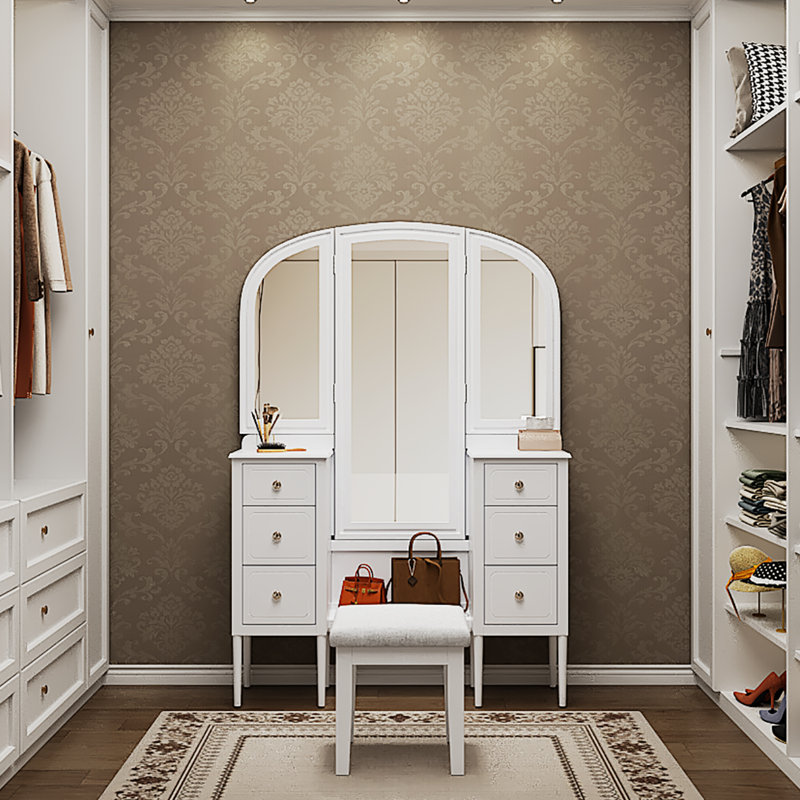 Classic White Makeup Desk With Triple Mirror, 6 Drawers, Upholstered Stool And Full Length Mirror For Dressing Room Decoration Table Comfort Bedroom Beauty