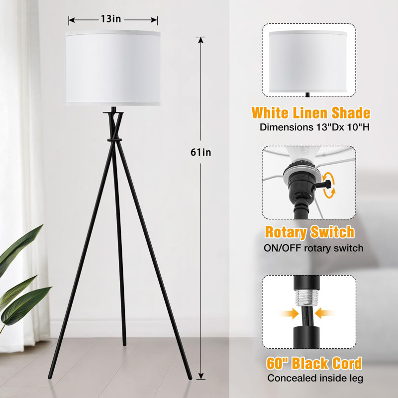 61" Tripod Floor Lamp With White Shade, Rotary Switch, Modern Design For Living Room, Bedroom, Office - No Bulb Included