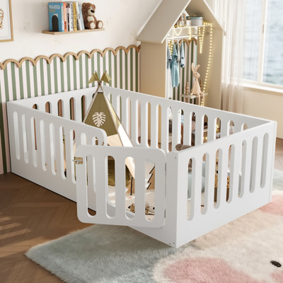 Kids Montessori Floor Bed With High Safety Fence,twin Size Solid Wood Floor Bed With Door, Low-profile And No Box Spring Needed Design, White