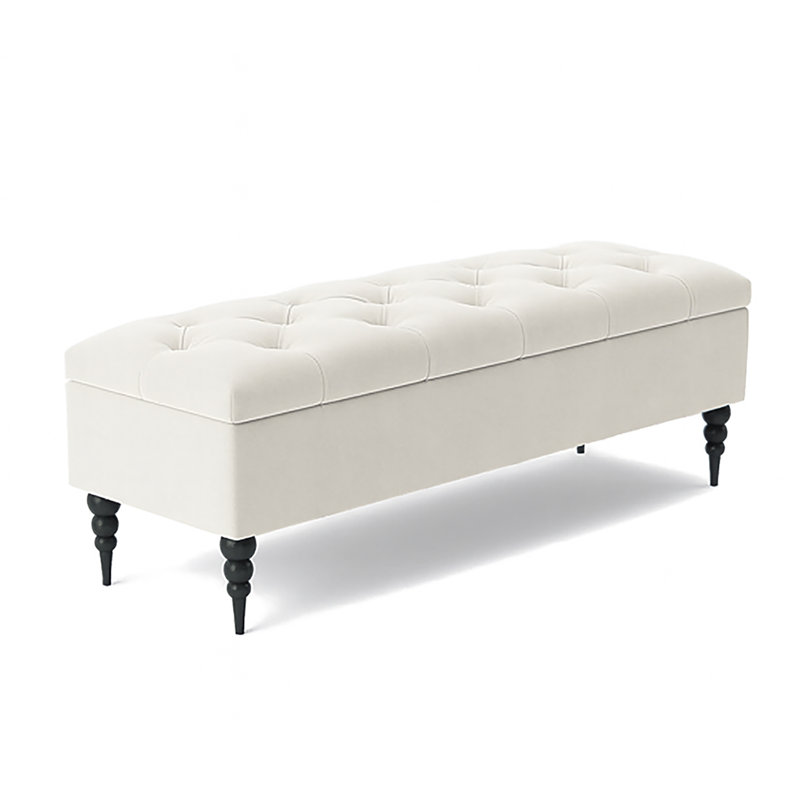 Safar Wide Tufted Rectangle Ottoman Storage Bench – Upholstery Plush Velvet Shoe Bench with Black Turned Wooden Legs, Cream