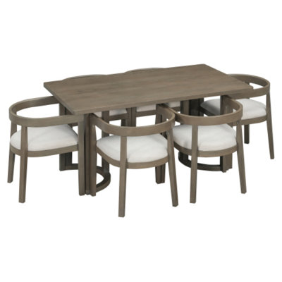 7 Piece Dining Table Set for 6, Rectangular Kitchen Table Set with 6 Upholstered Barrel-Back Chairs, Wood Grain Dining Room Table with Curved Chair Ba