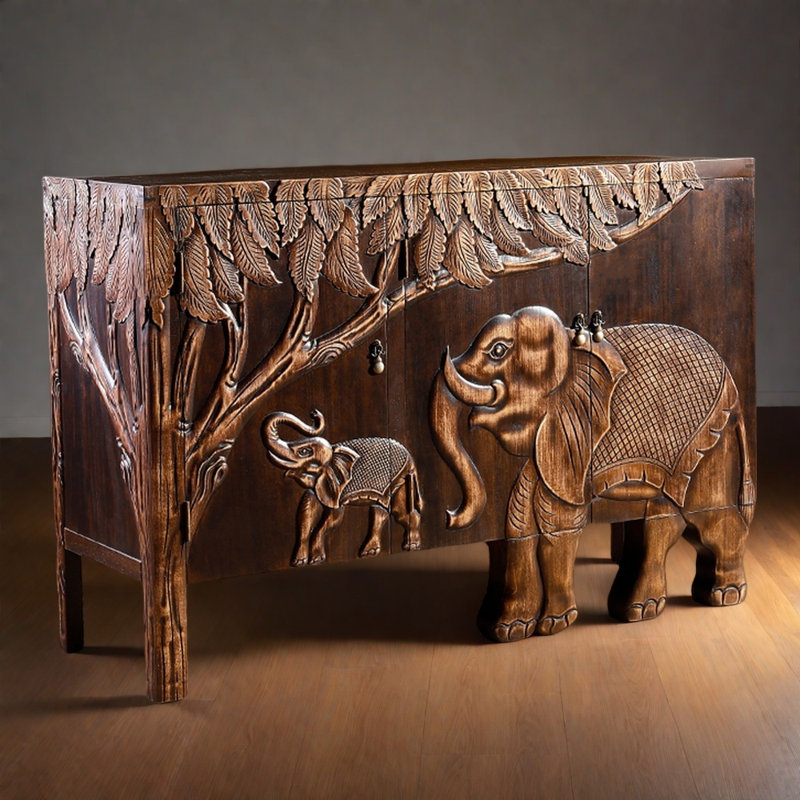 Vintage Wooden Relief Elephant Sideboard
