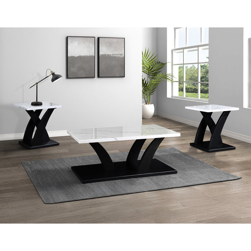 Modern Living Room 3 Table - Faux Marble Top Coffee & 2 End Tables In White And Black Contemporary Rectangular Square With Tops
