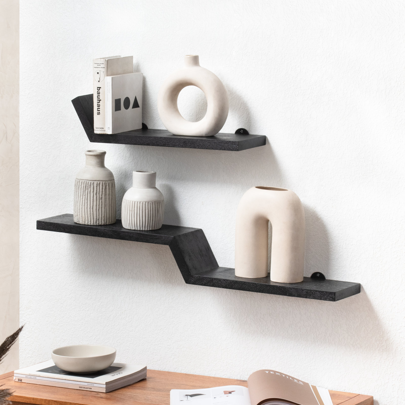 Marv Solid Mango Wood Wall Mounted Floating Shelves (Set of 2) , Black